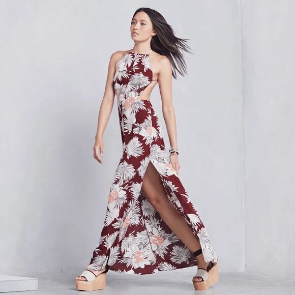 Reformation Charles Maxi Wine Red Dress Cut Out Backless Floral Size S - Picture 1 of 7